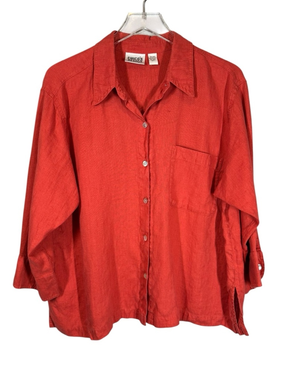 VINTAGE CHICOS Women's 3/XL Orange Red Linen Button Down Boxy Collared Shirt